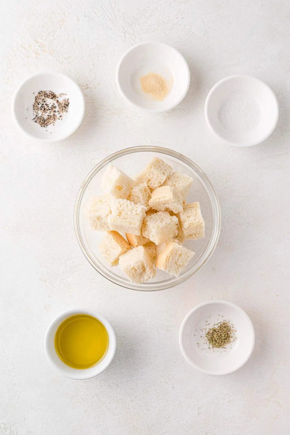 Ingredients needed for recipe, including cubed bread.