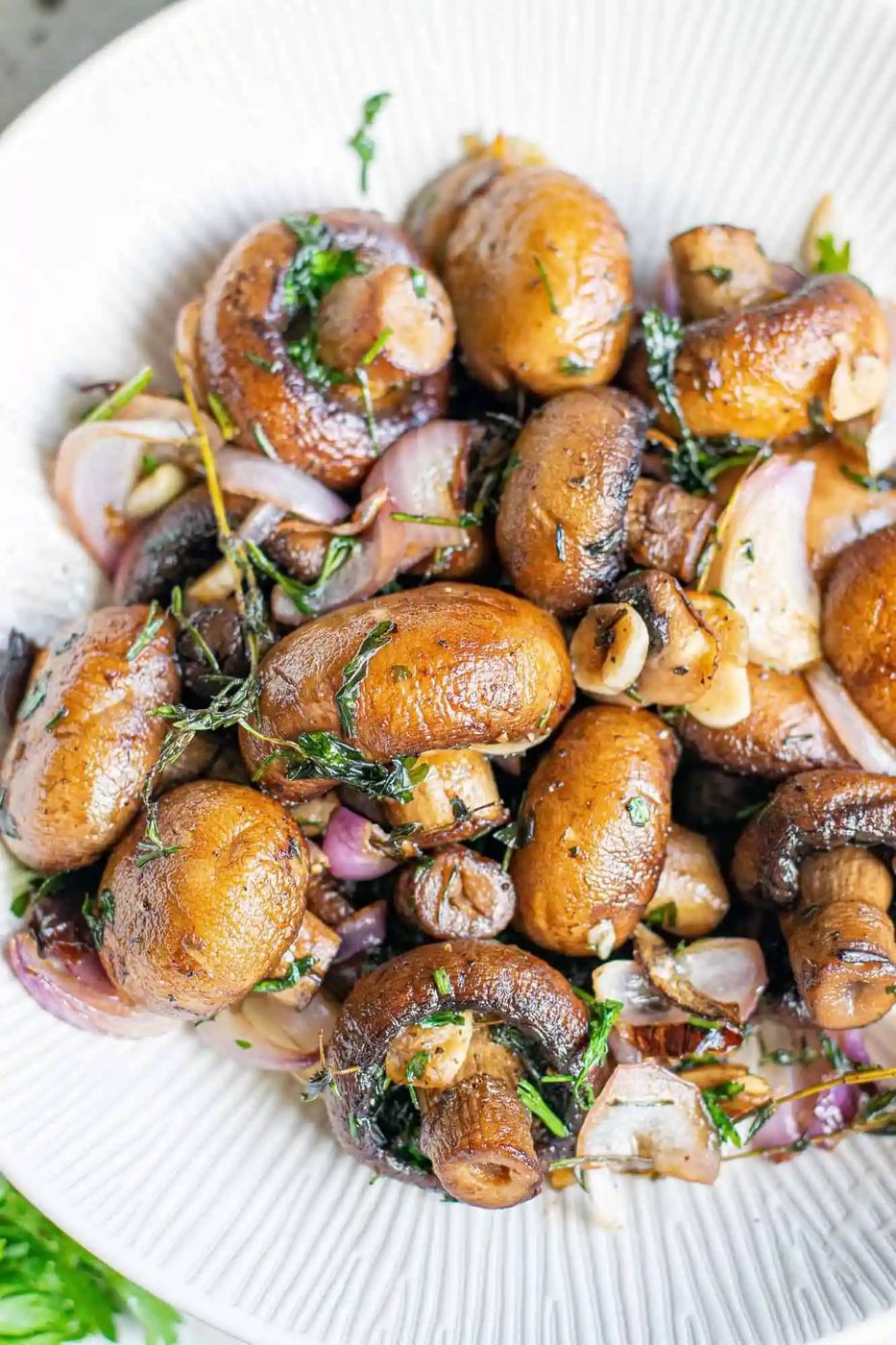 Air Fryer Mushrooms, served with Garlic and Shallots