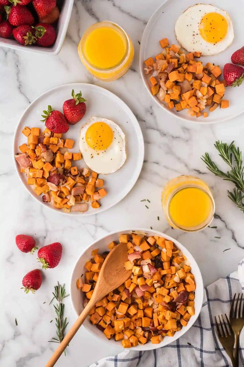 Air Fryer Sweet Potato Hash –, served with candied bacon!