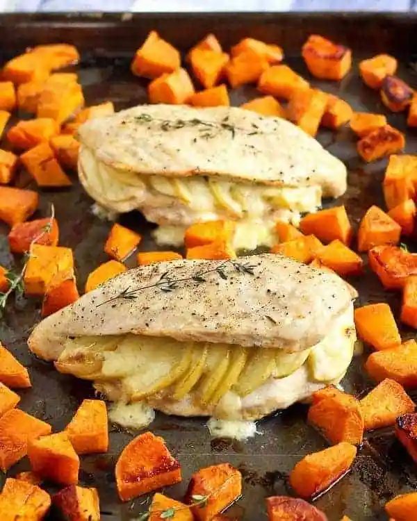 Apple Gouda Stuffed Chicken Breasts, served with Roasted Sweet Potatoes
