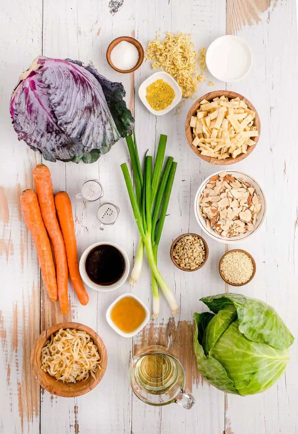 Overhead view of fresh ingredients: carrots, red cabbage, cabbage, green onions, sesame seeds, almonds, and more.