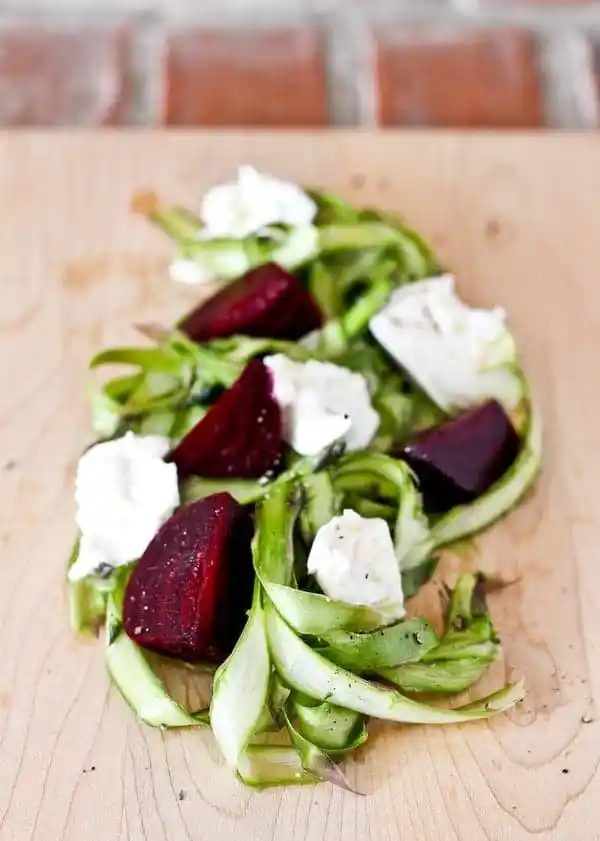 Asparagus Ribbon Salad, served with Beets & Burrata