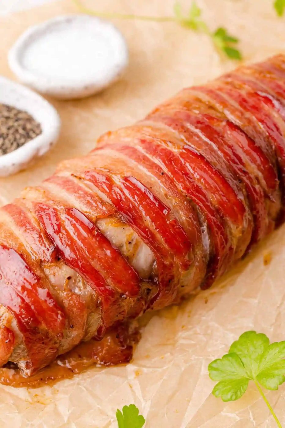 Bacon-wrapped pork tenderloin on parchment paper with small bowls of salt and pepper in the background.