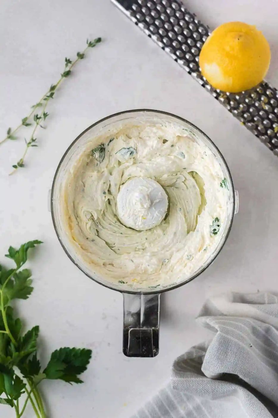 Goat cheese dip in a food processor.