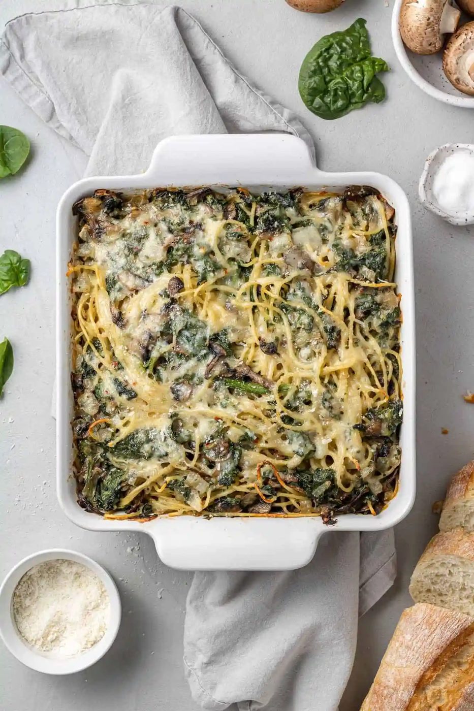 Baked Spaghetti, served with Spinach