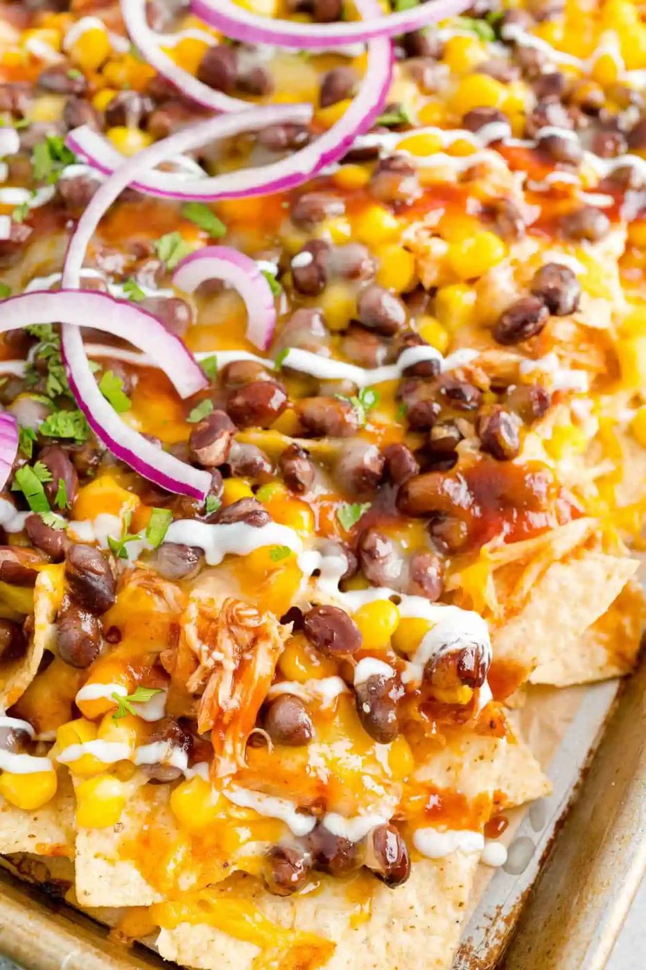 Close up of nachos with toppings.