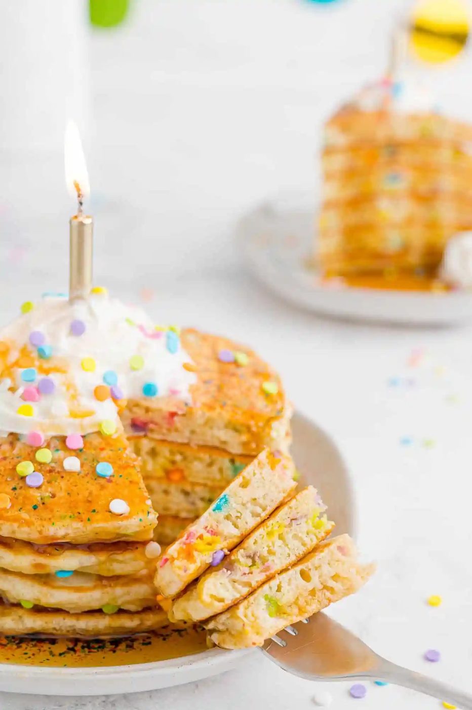 Birthday cake pancakes, cut to show internal texture.