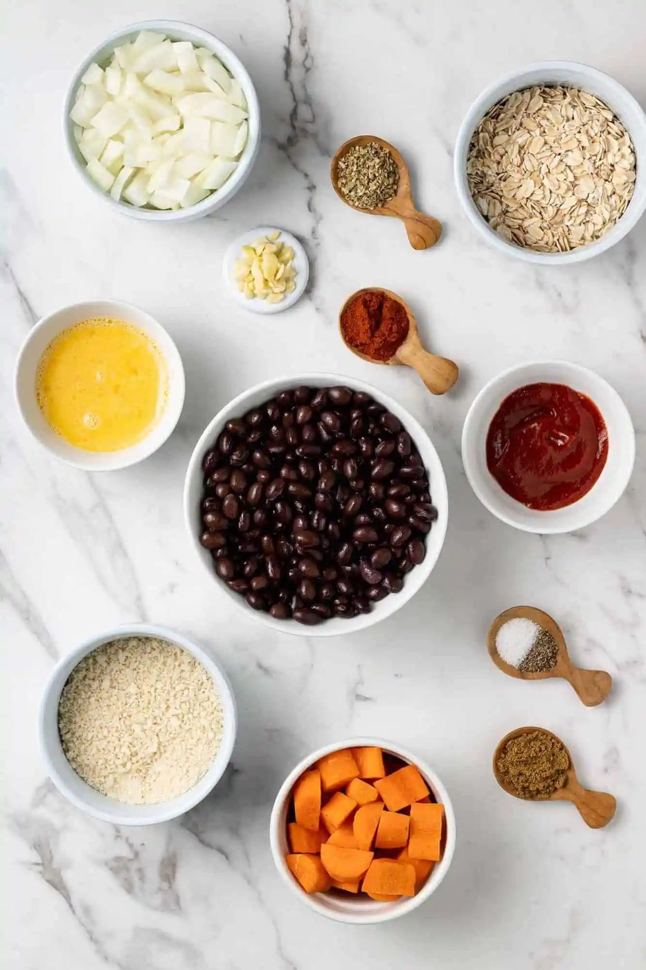 Overhead view of bean burger ingredients.