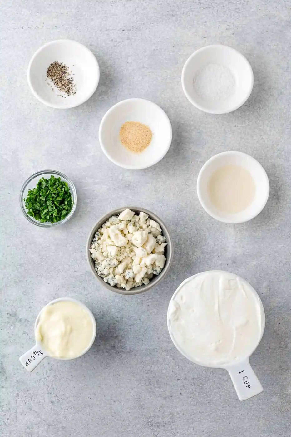 Ingredients needed for recipe, all in separate bowls.