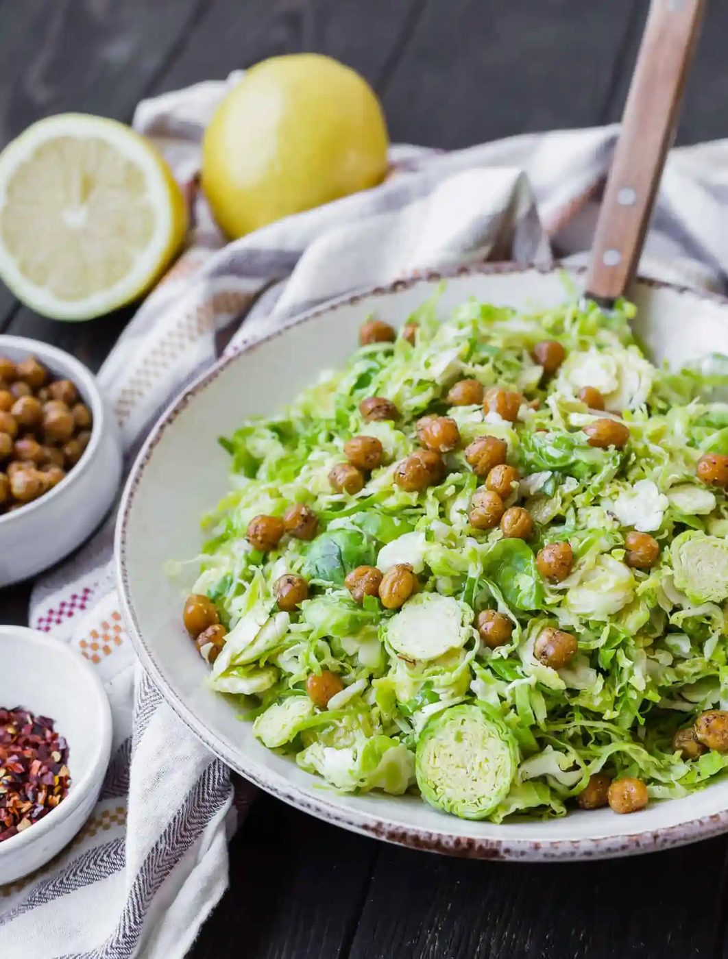 Brussels Sprouts Salad Recipe, served with Crispy Chickpeas
