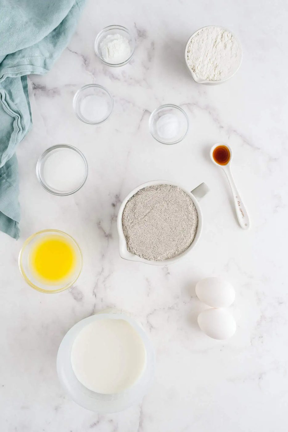 Overhead view of ingredients needed for buckwheat pancakes.