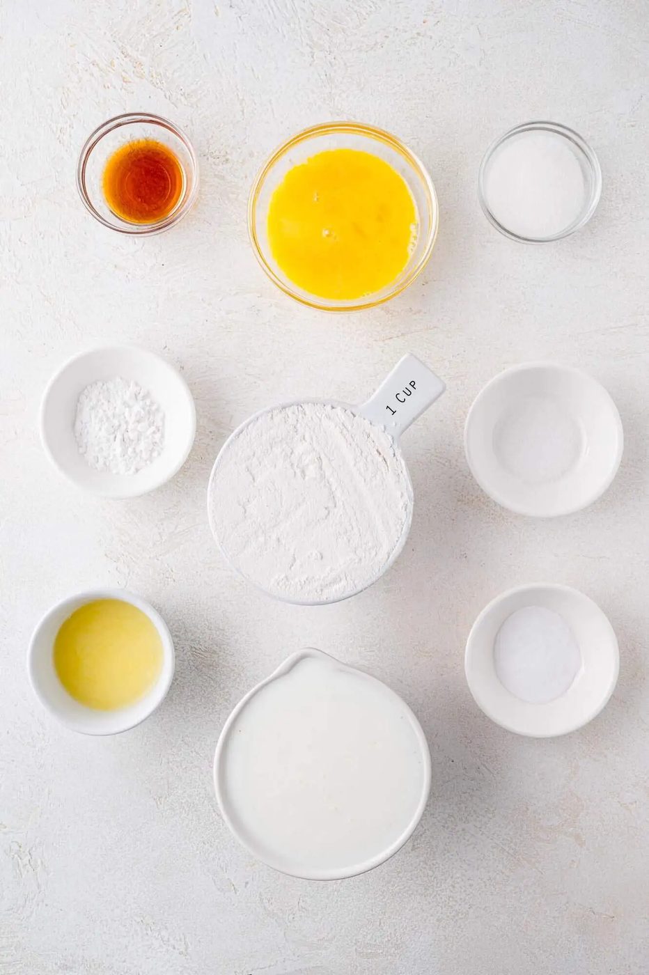 Overhead view of ingredients needed for buttermilk pancake recipe.