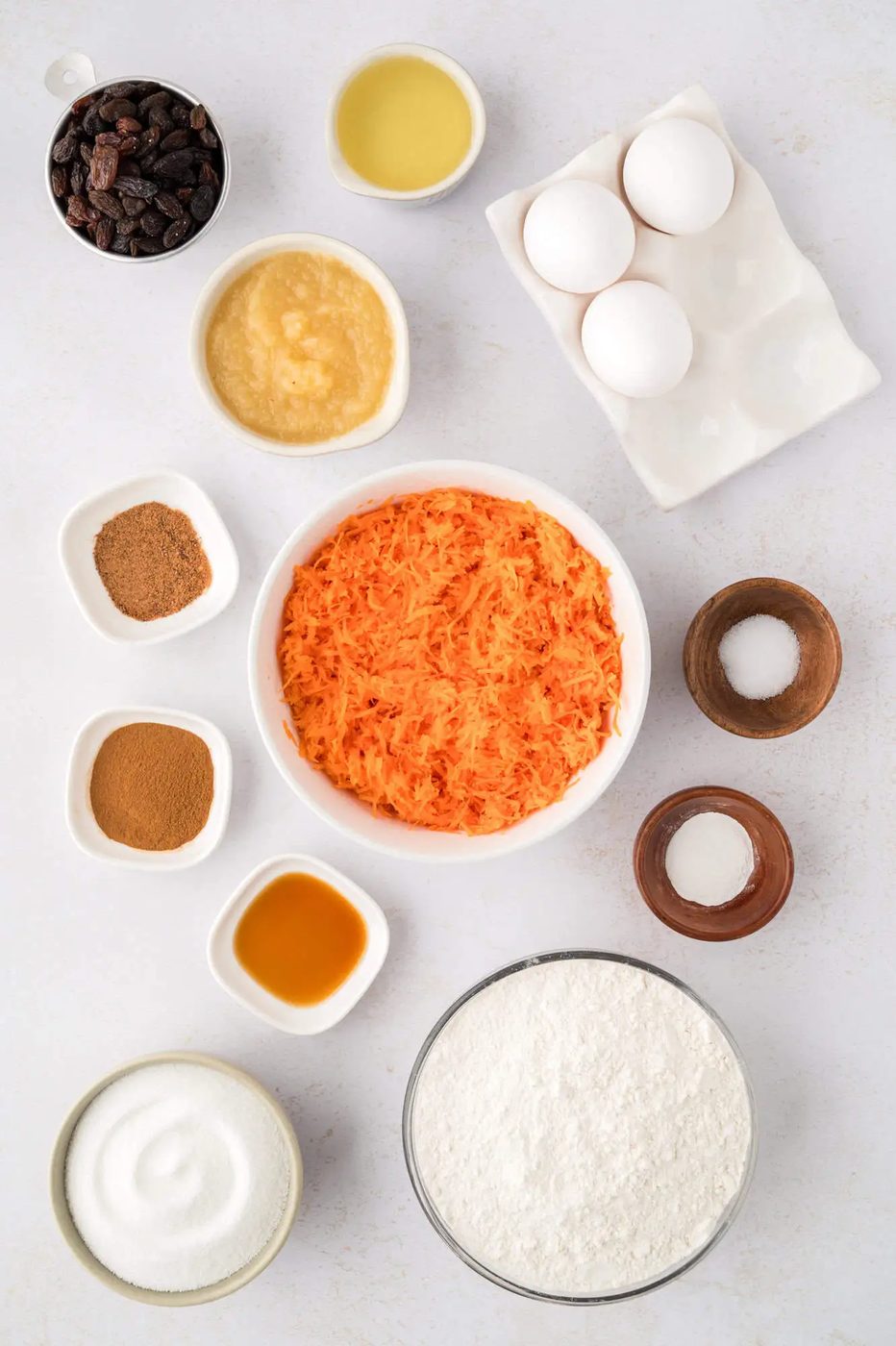 Overhead view of ingredients needed for carrot cake muffins.