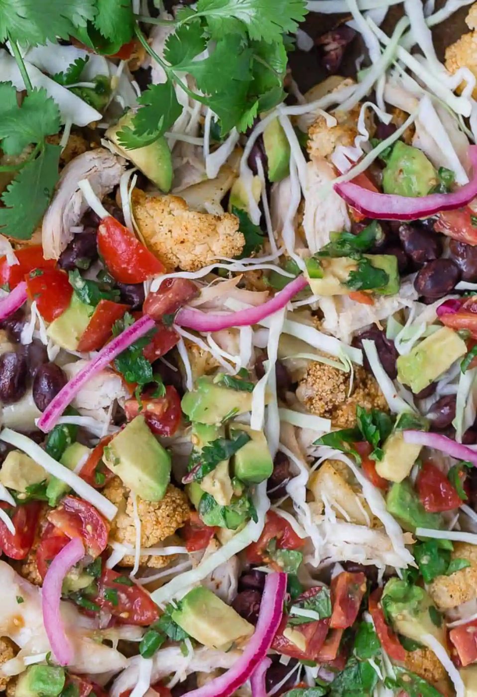 Nachos with cauliflower, chicken, cilantro, red onions, avocado, tomato.