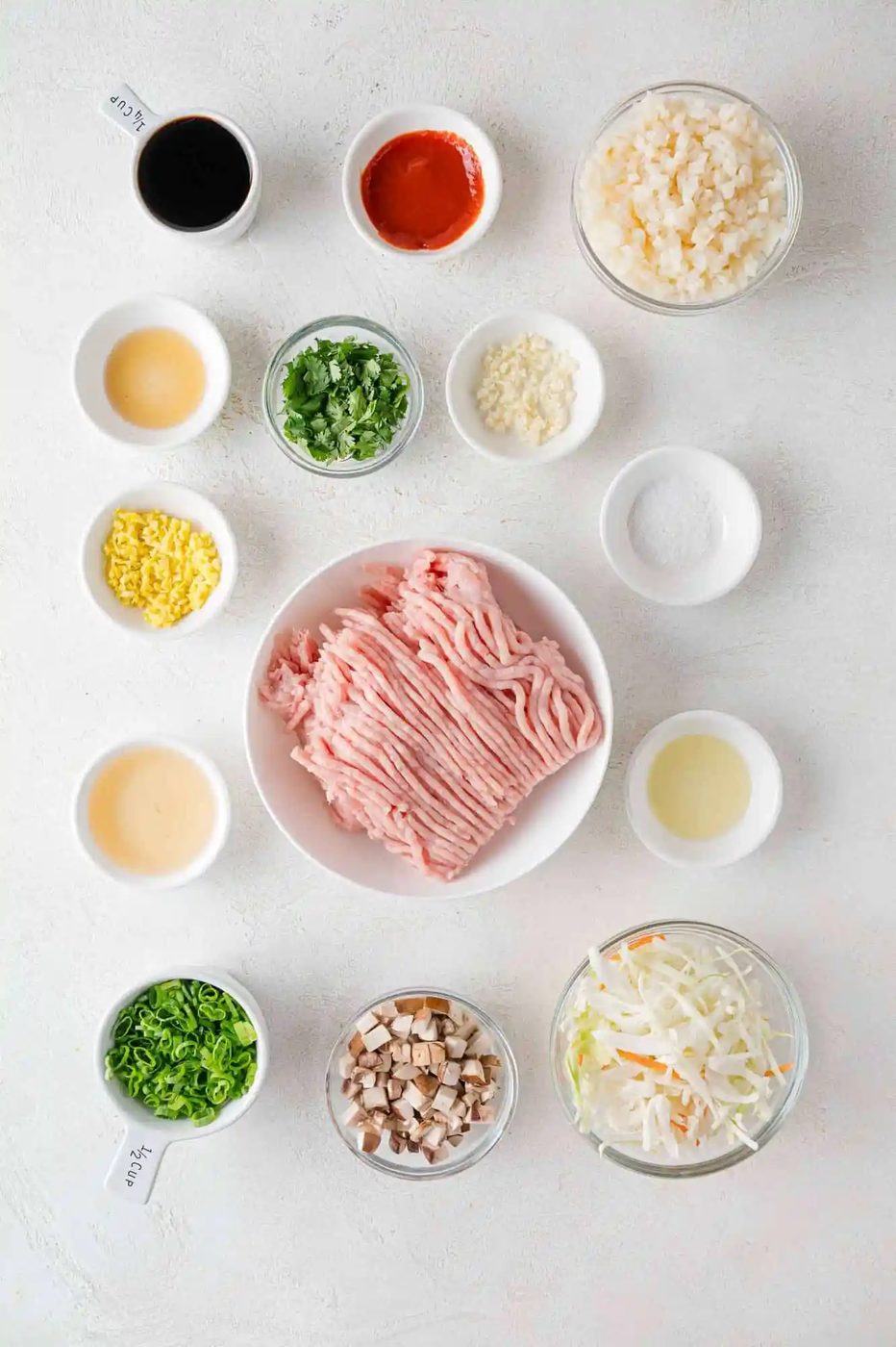 Ingredients displayed include ground meat, chopped vegetables, herbs, sauces, and seasonings in small bowls on a white surface.
