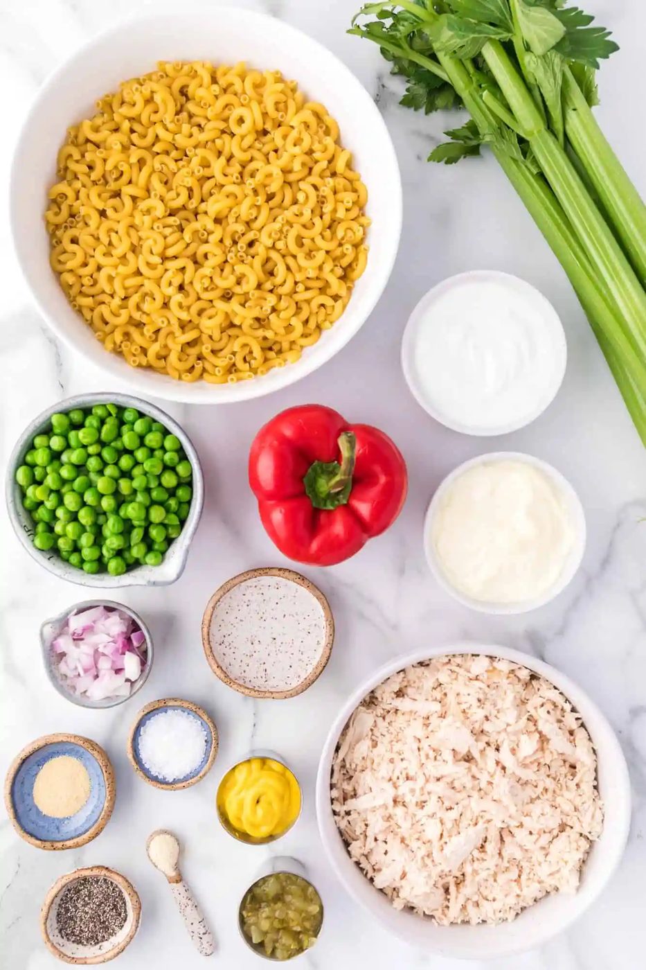 Ingredients for chicken macaroni salad.