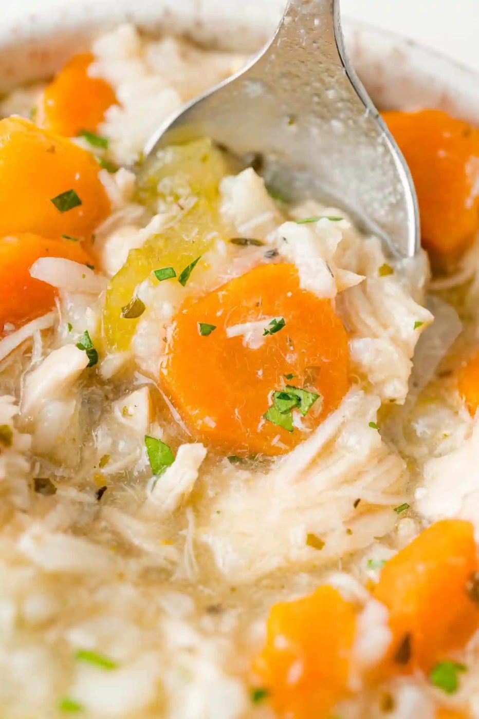 Chicken rice soup, close up view, on a spoon.
