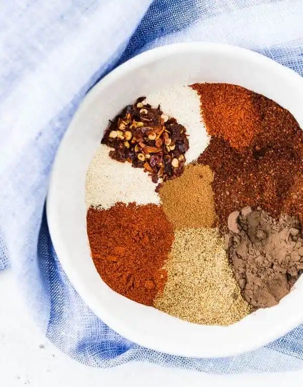 Overhead view of spices in a white bowl.