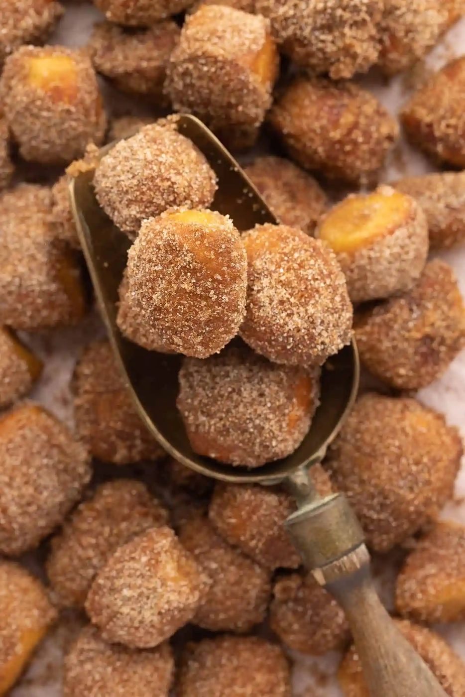 Close up of a scoop of cinnamon sugar pretzel bites resting on a pile of more pretzel bites.