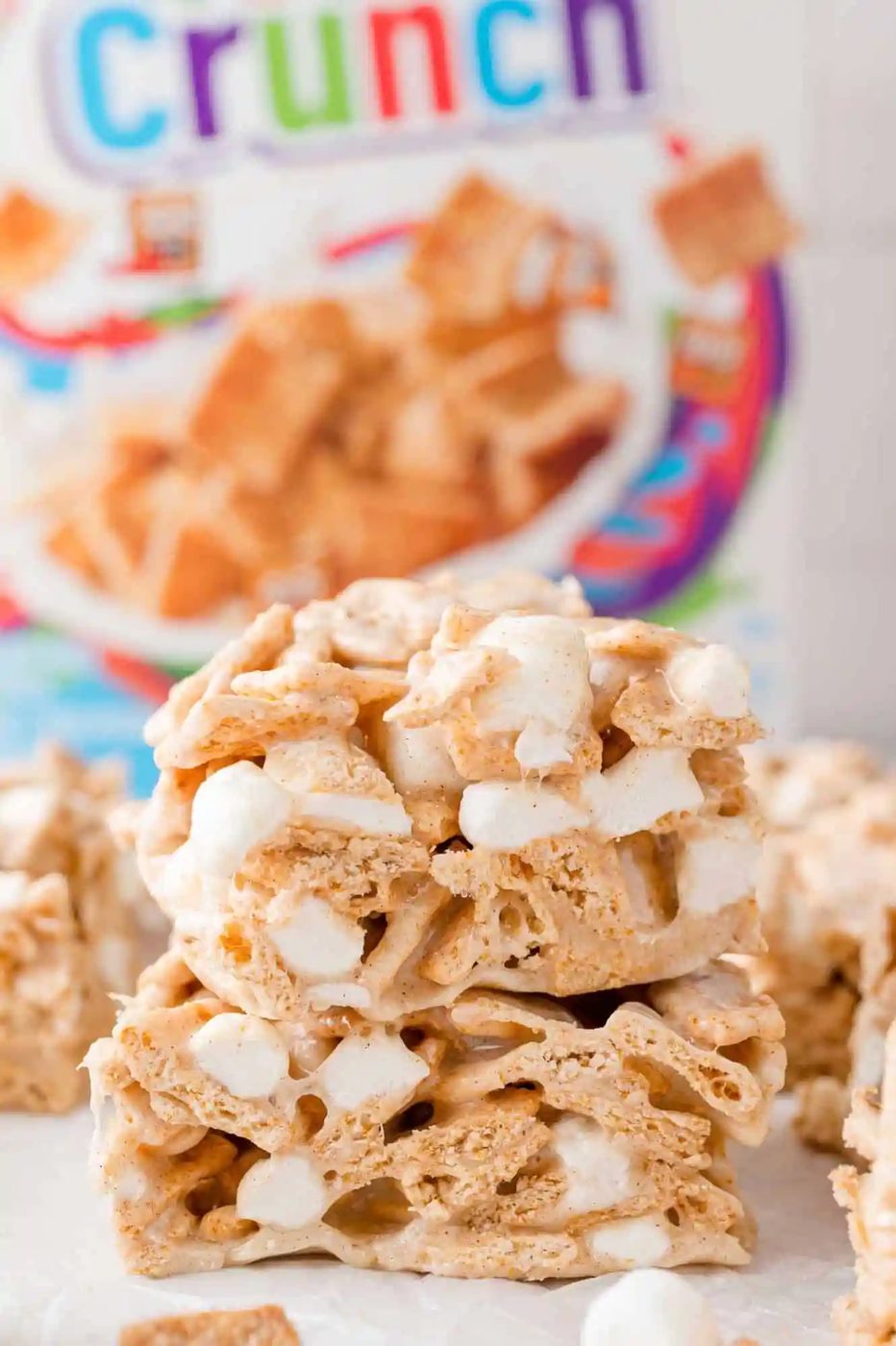 Cinnamon Toast Crunch bars in front of a Cinnamon Toast Crunch box.