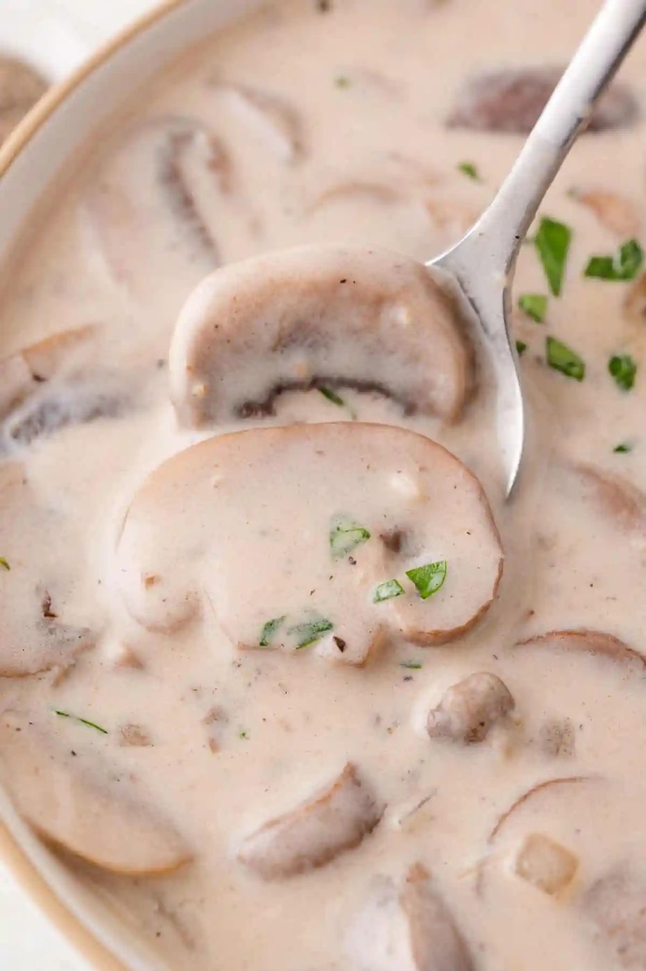 Close-up of creamy mushroom soup with sliced mushrooms and herbs, shown in a bowl with a spoon lifting a piece.