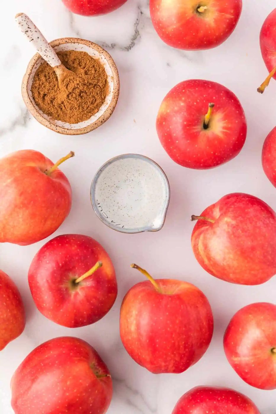 Overhead view of ingredients needed for recipe, including many apples.