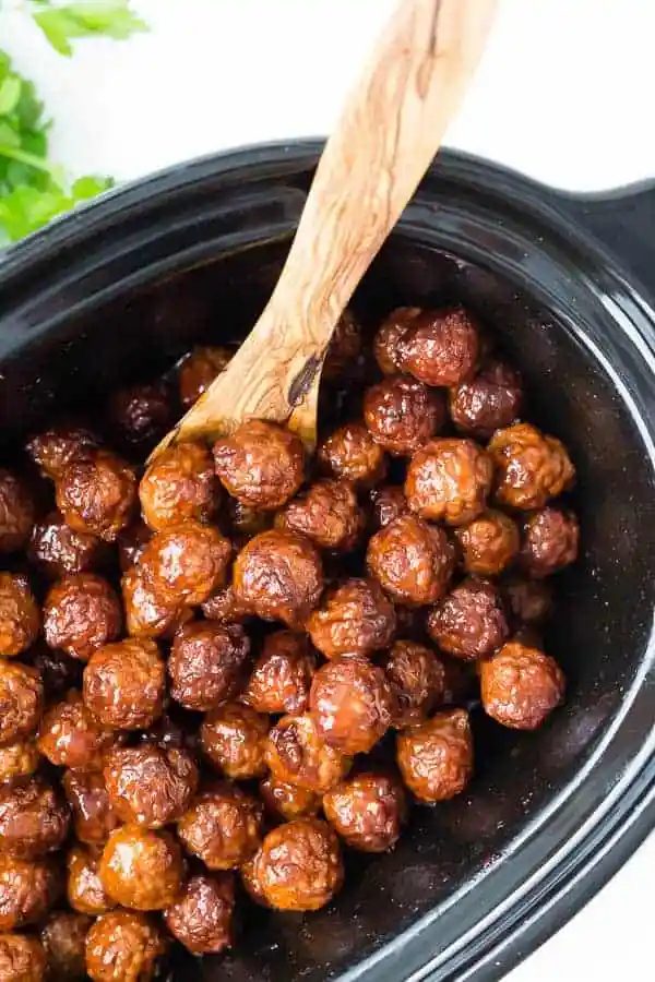 Crockpot Meatballs, served with Cherry Bourbon Sauce