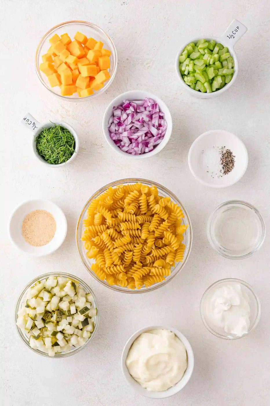 Ingredients needed for recipe in small separate bowls.