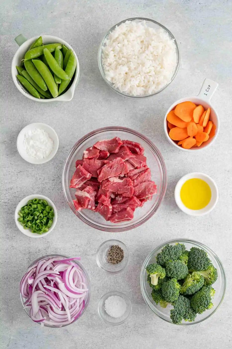 Overhead view of ingredients needed including beef.