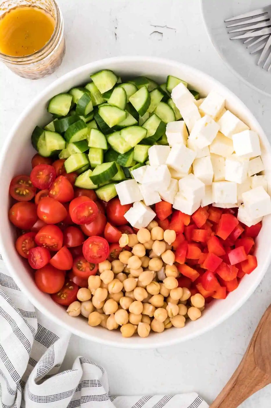Chopped Greek salad, not yet mixed.