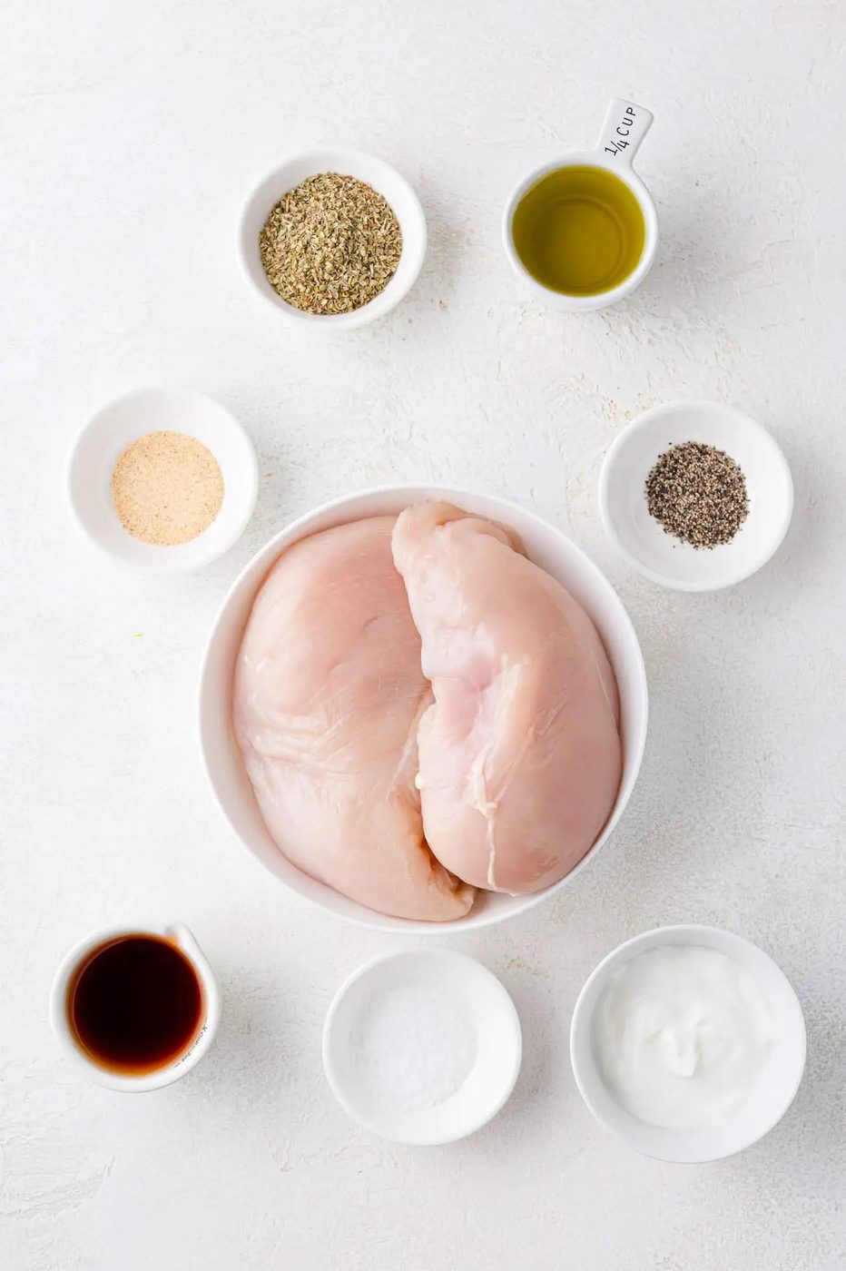 Ingredients needed for recipe, including chicken breasts.
