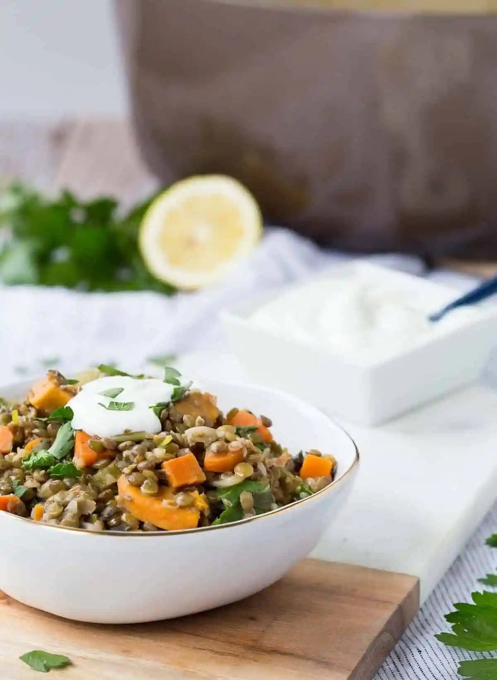One Pot Green Lentils, served with Sweet Potatoes and Kale