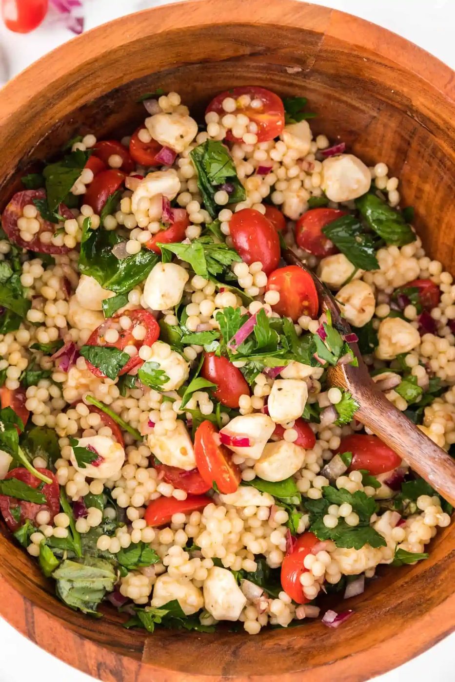 Israeli Couscous Salad, served with Tomato, Mozzarella, & Herbs