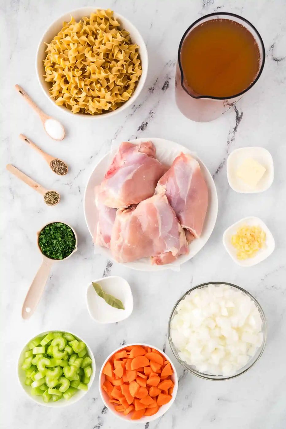 Ingredients for from-scratch chicken noodle soup.