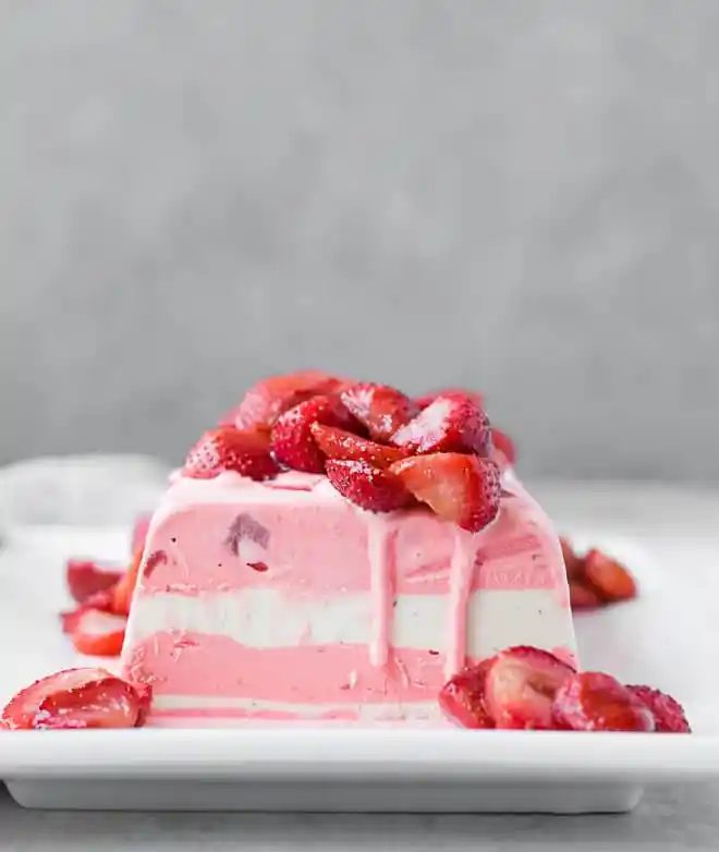 Ice Cream Terrine, served with Roasted Strawberries