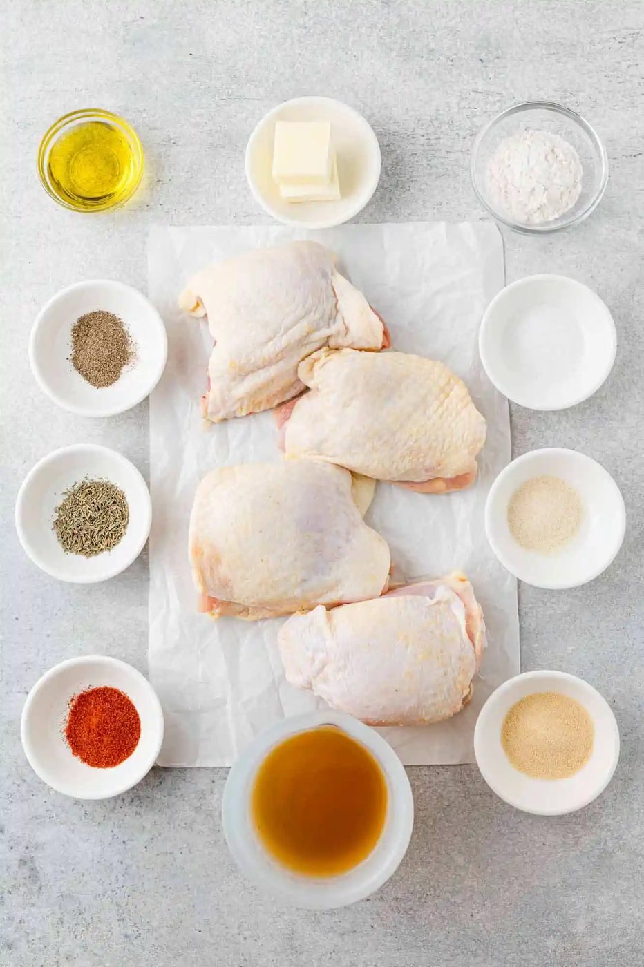 Ingredients needed for recipe, viewed from above.