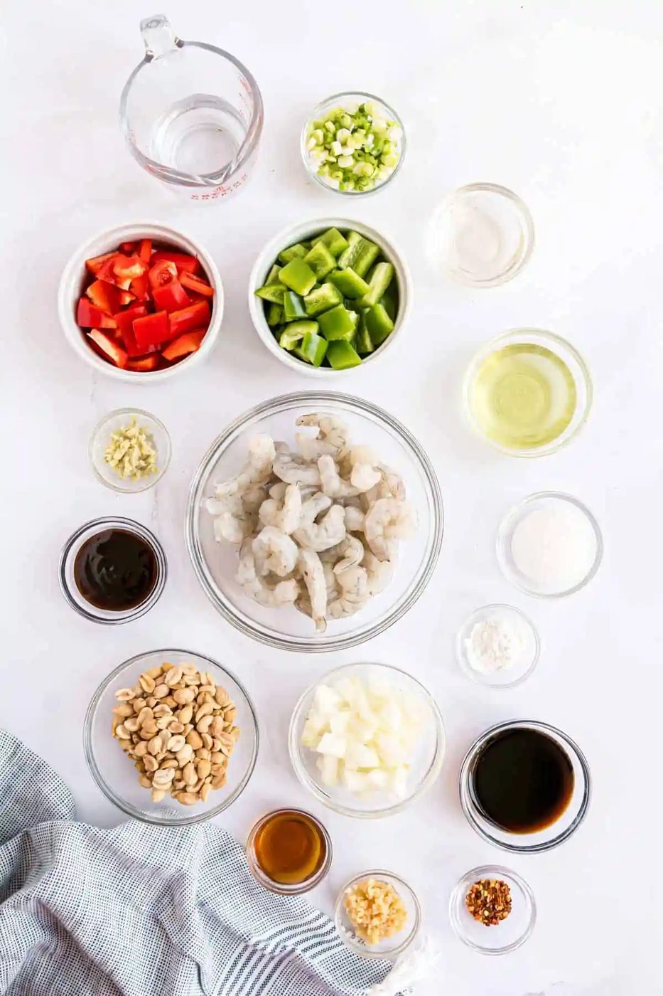 Overhead view of ingredients needed to make kung pao shrimp.