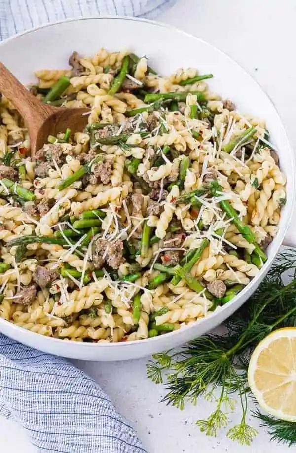 One Pan Lemon Pasta plus Sausage, Asparagus, and Dill
