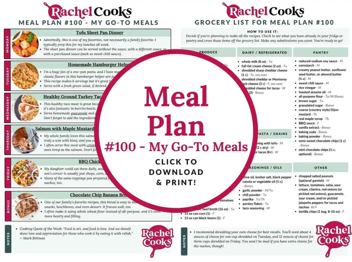 Meal plan and grocery list featuring various dinner recipes, ingredients categorized by type, and a call to download and print.