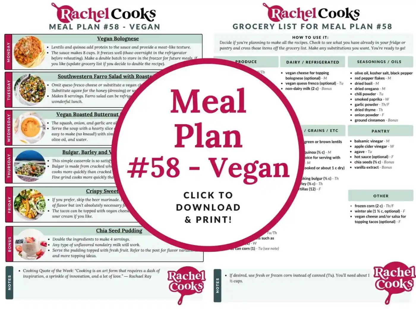 MEAL PLAN 58, a vegan meal plan, preview of both pages.