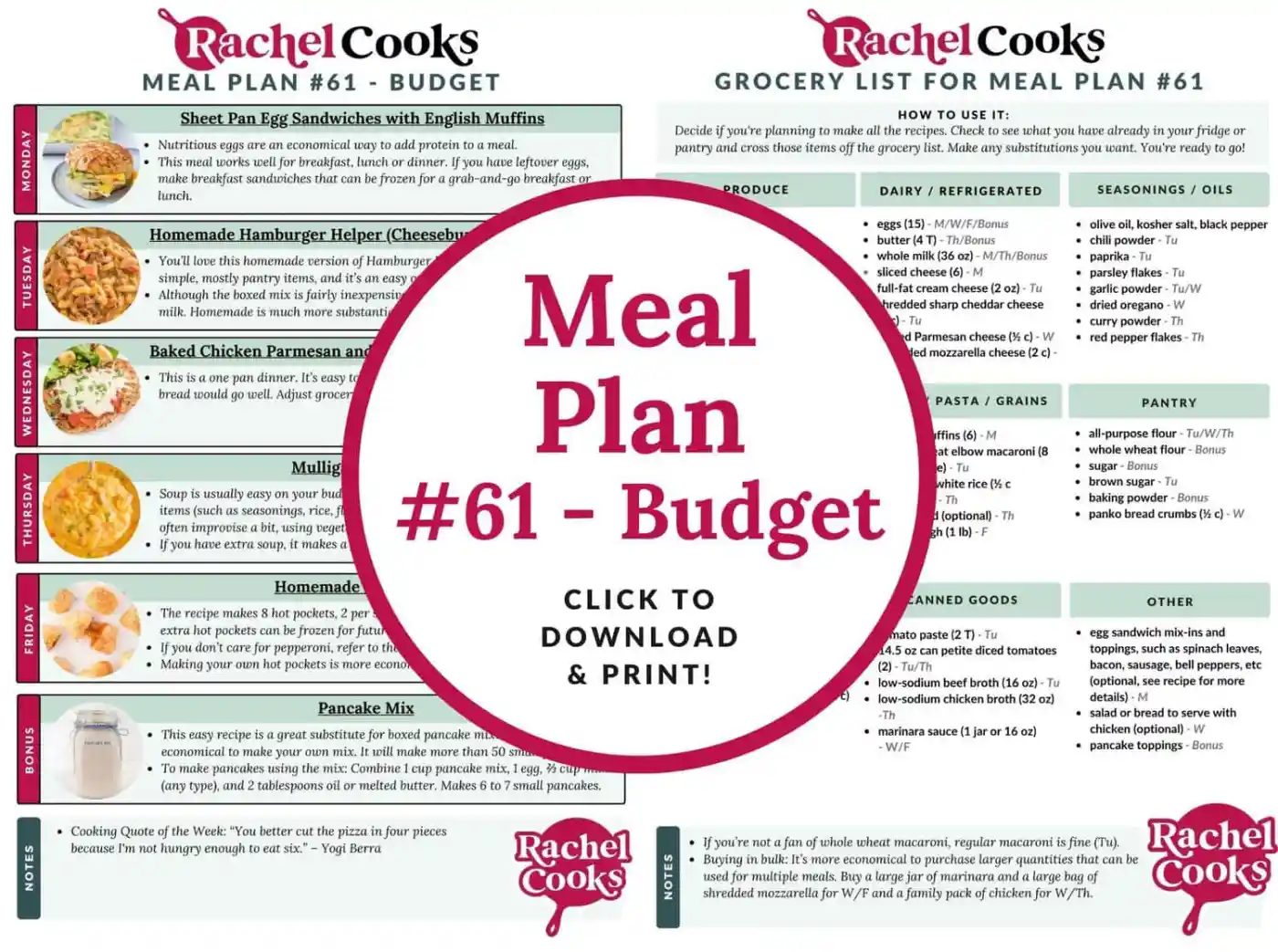 Overview of meal plan 61 with shots of both pages.