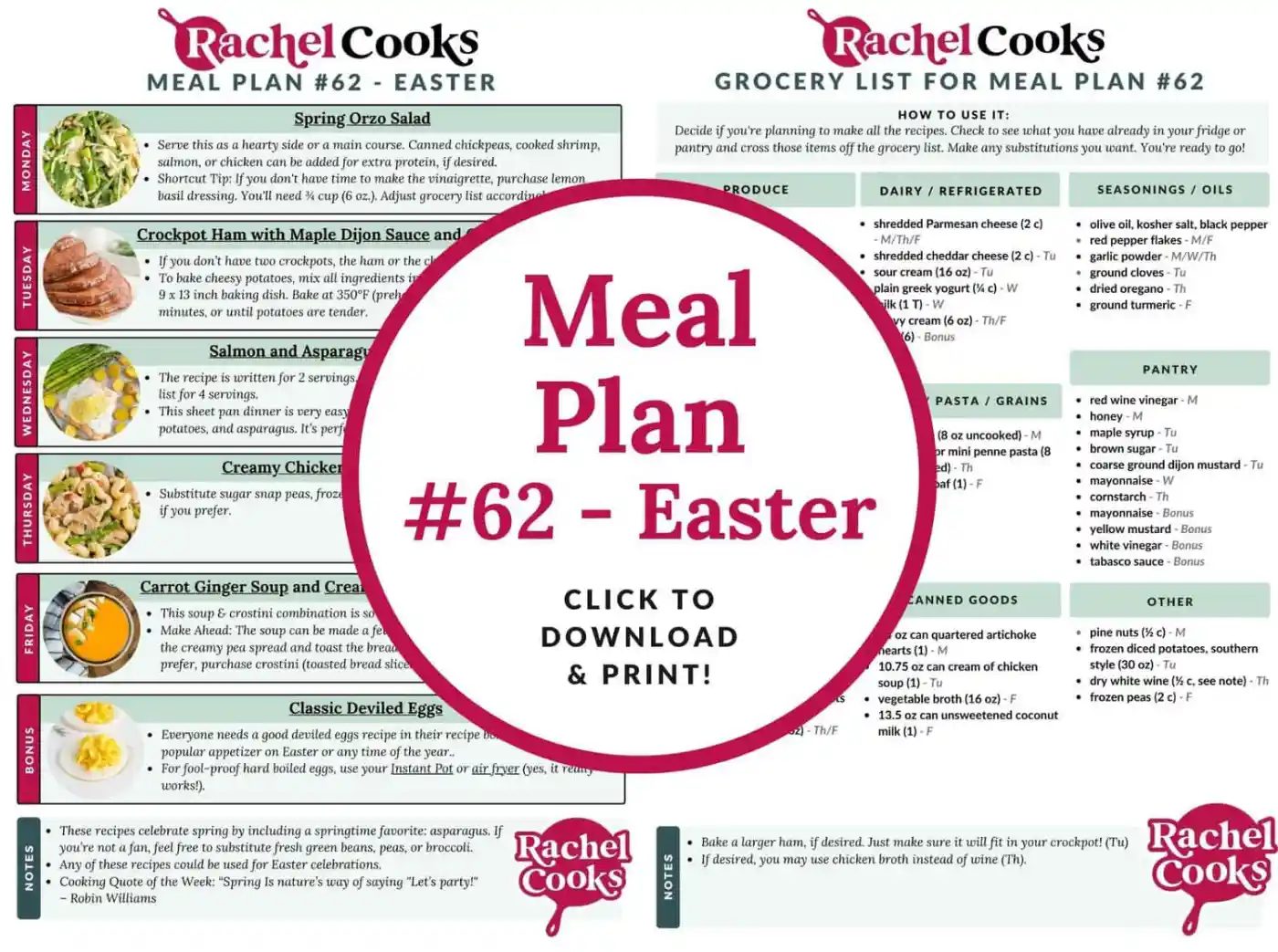 Meal plan 62, an Easter themed meal plan, preview image showing both pages.