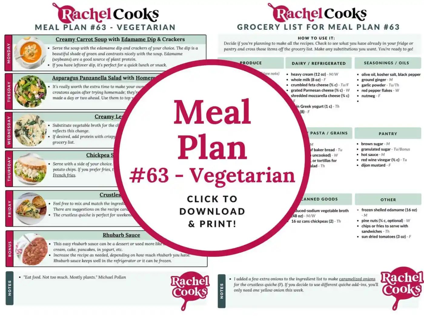Meal plan 63, a vegetarian meal plan, preview image showing both pages.