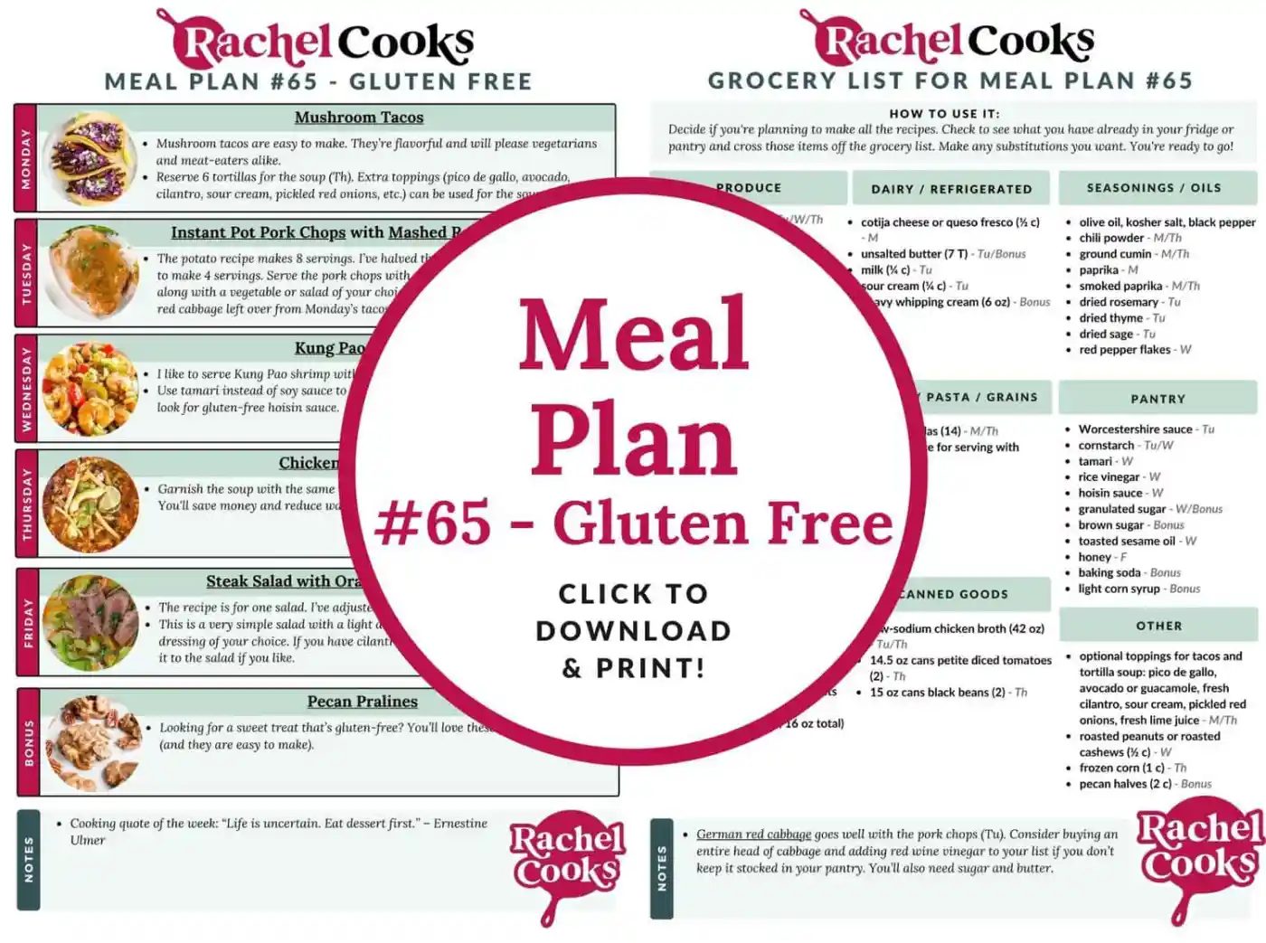 Gluten free meal plan, meal plan 65, with preview images of both pages.