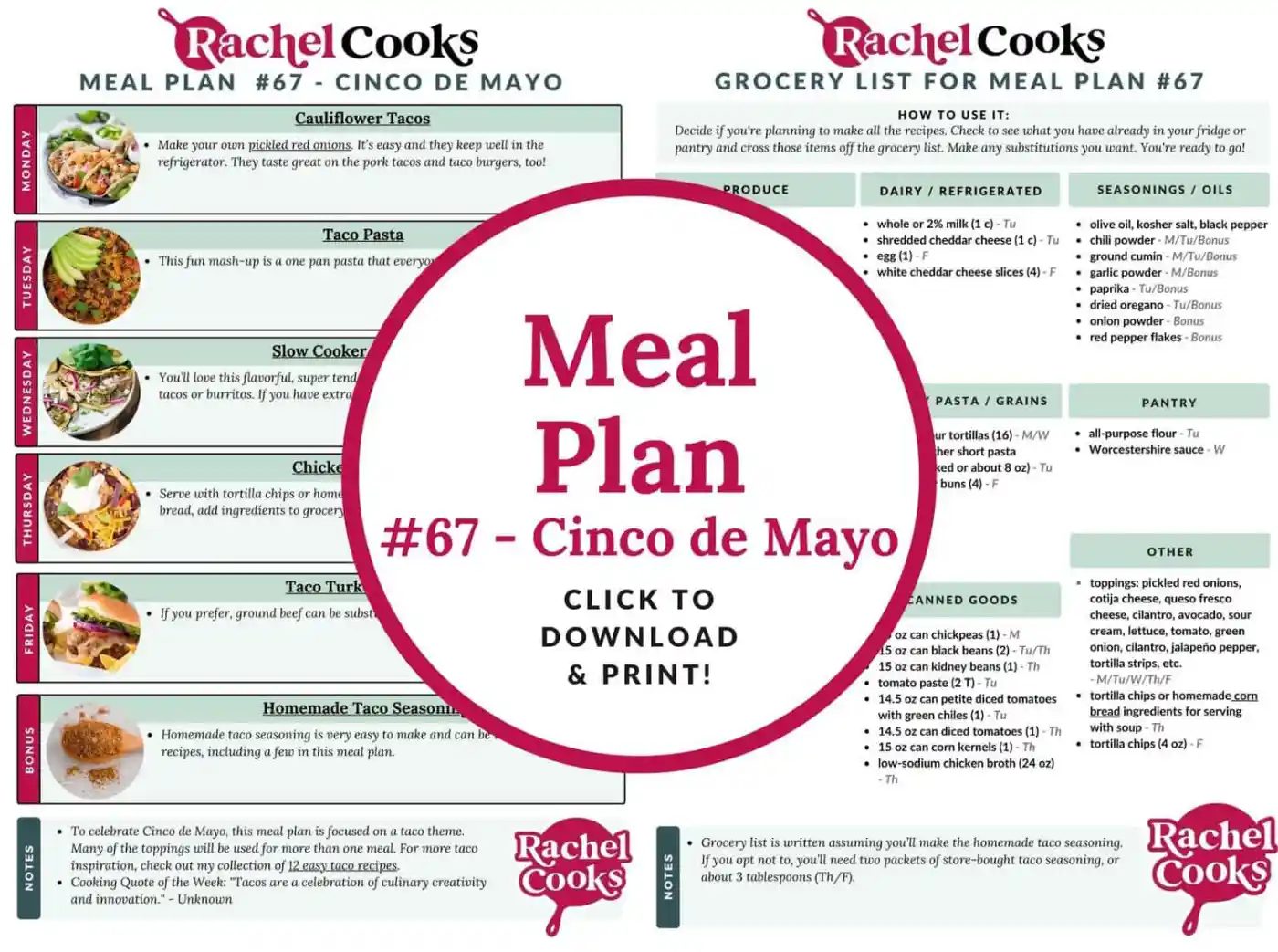 Meal plan 67 preview image showing both pages.