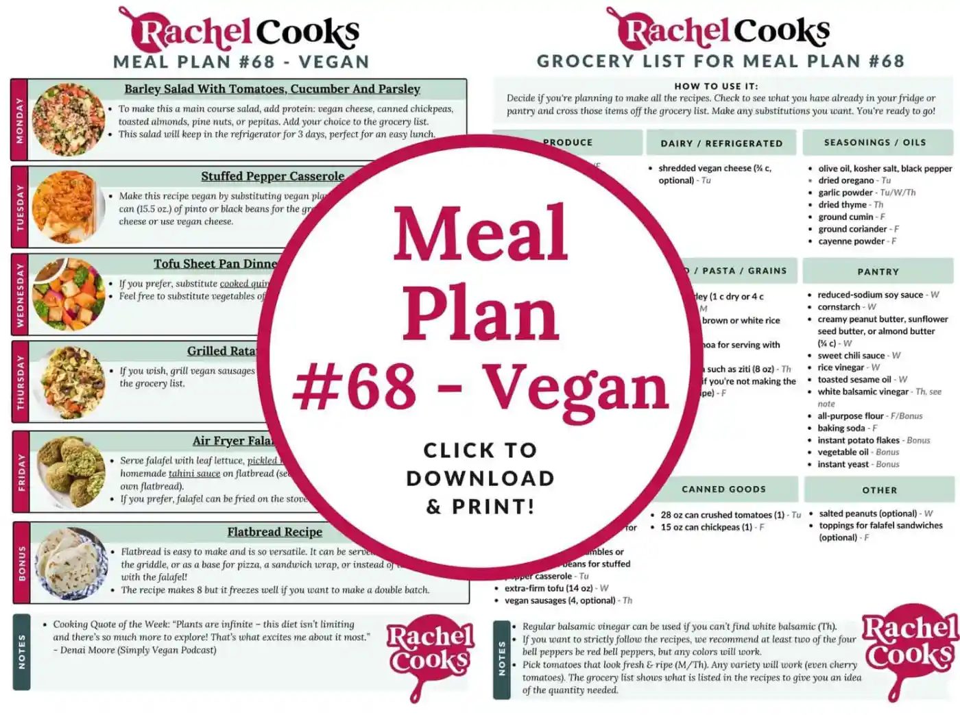 Vegan Meal Plan (meal plan 68) graphic with preview images of both pages.