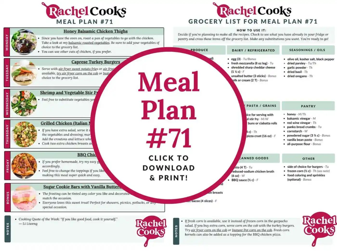 Meal plan 71 preview image, showing both pages of meal plan.