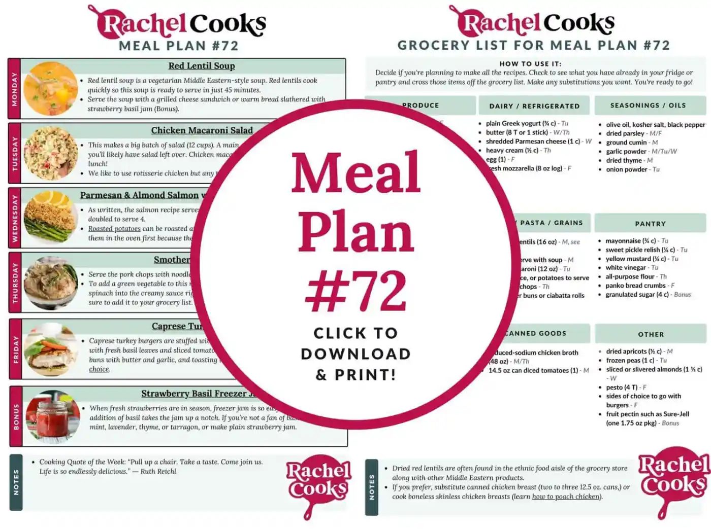 Meal plan 72 graphic showing both pages of meal plan.