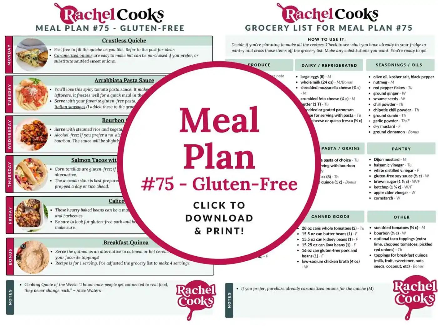 Meal plan 75, a gluten-free meal plan, preview image with a view of both pages.