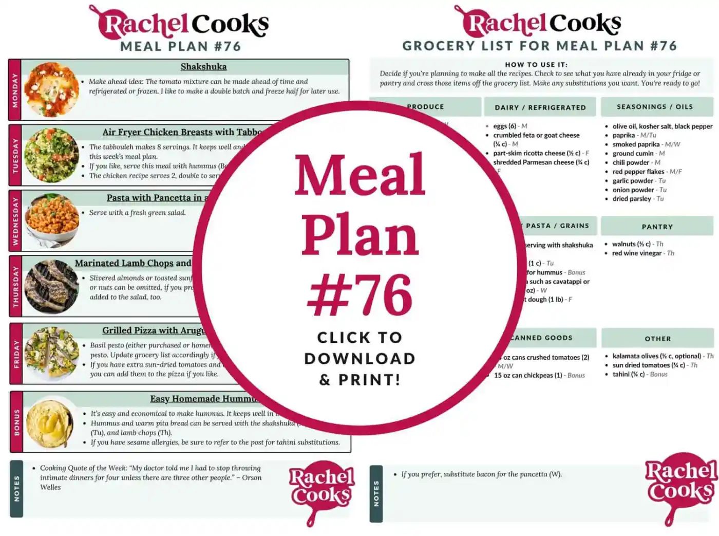 Meal plan 76 preview image with both pages showing.